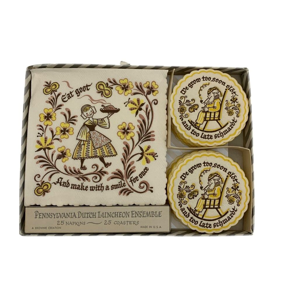 Vintage Pennsylvania Dutch Paper Napkin & Coaster Luncheon Set in Box INCOMPLETE